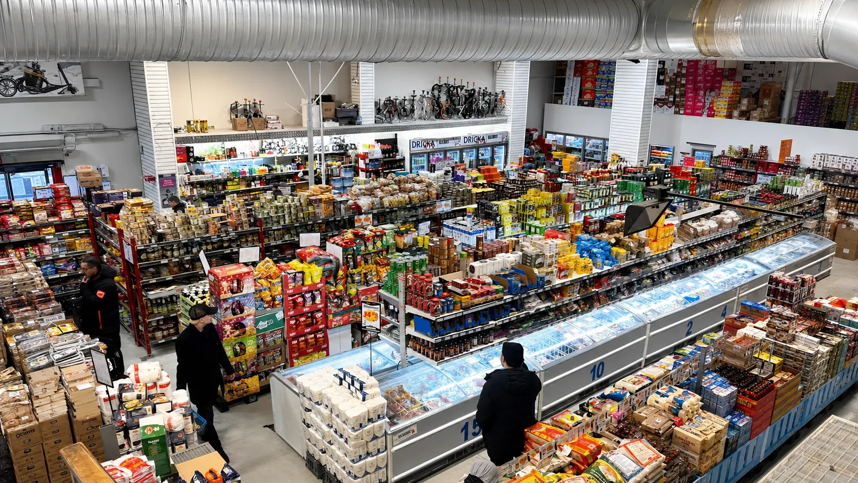 Kunder bland Allmats välfyllda hyllor och frysdiskar med numrerade fack. Cyklar och elscootrar syns på entresolvåningen.