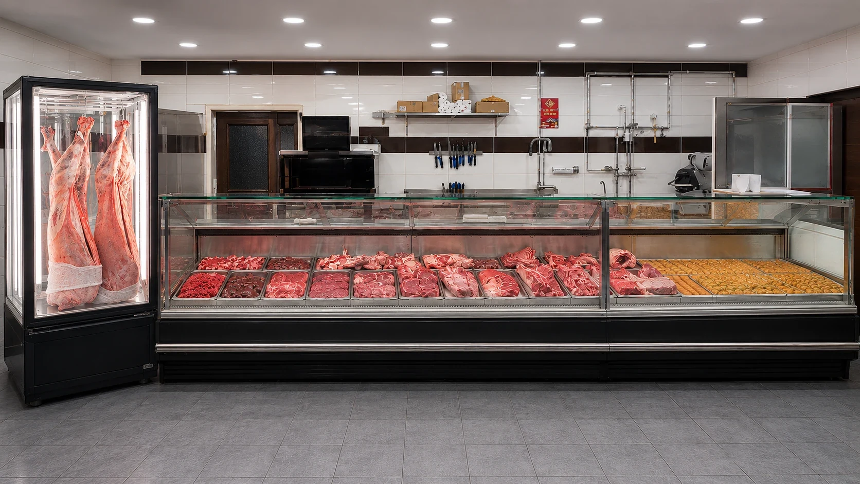 Butikens egen köttdisk med kött i kyldisken och hela lamm hängande i kylen till vänster.