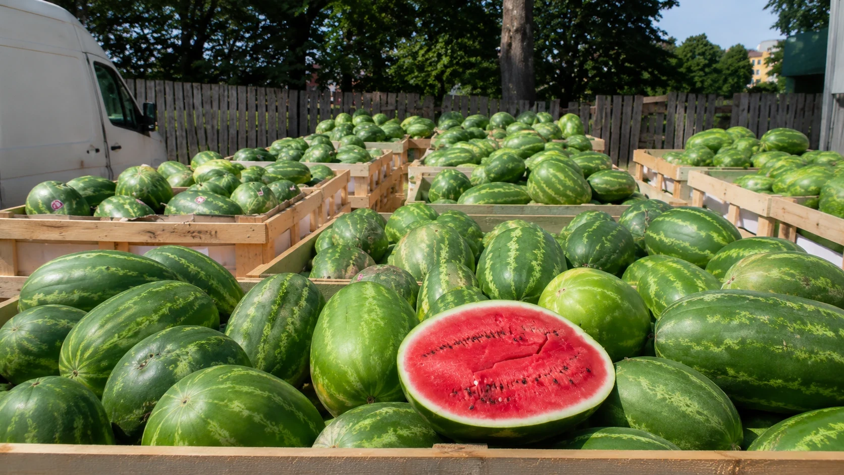 Vattenmeloner i trälådor på parkeringen utanför Allmat, med en uppskuren melon längst fram.